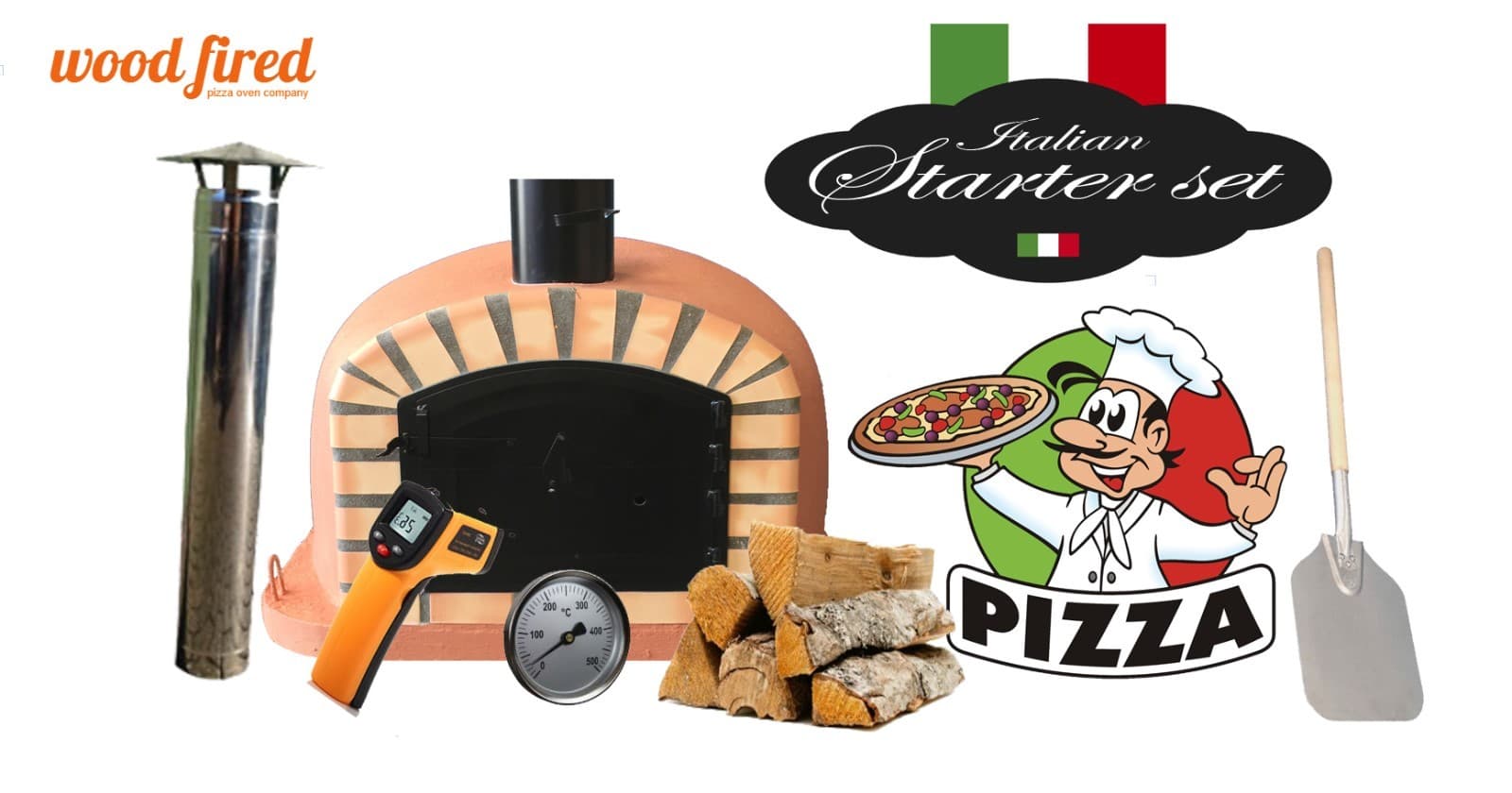 Wood fired oven 100cm terracotta Deluxe extra orange-brick/black-door package