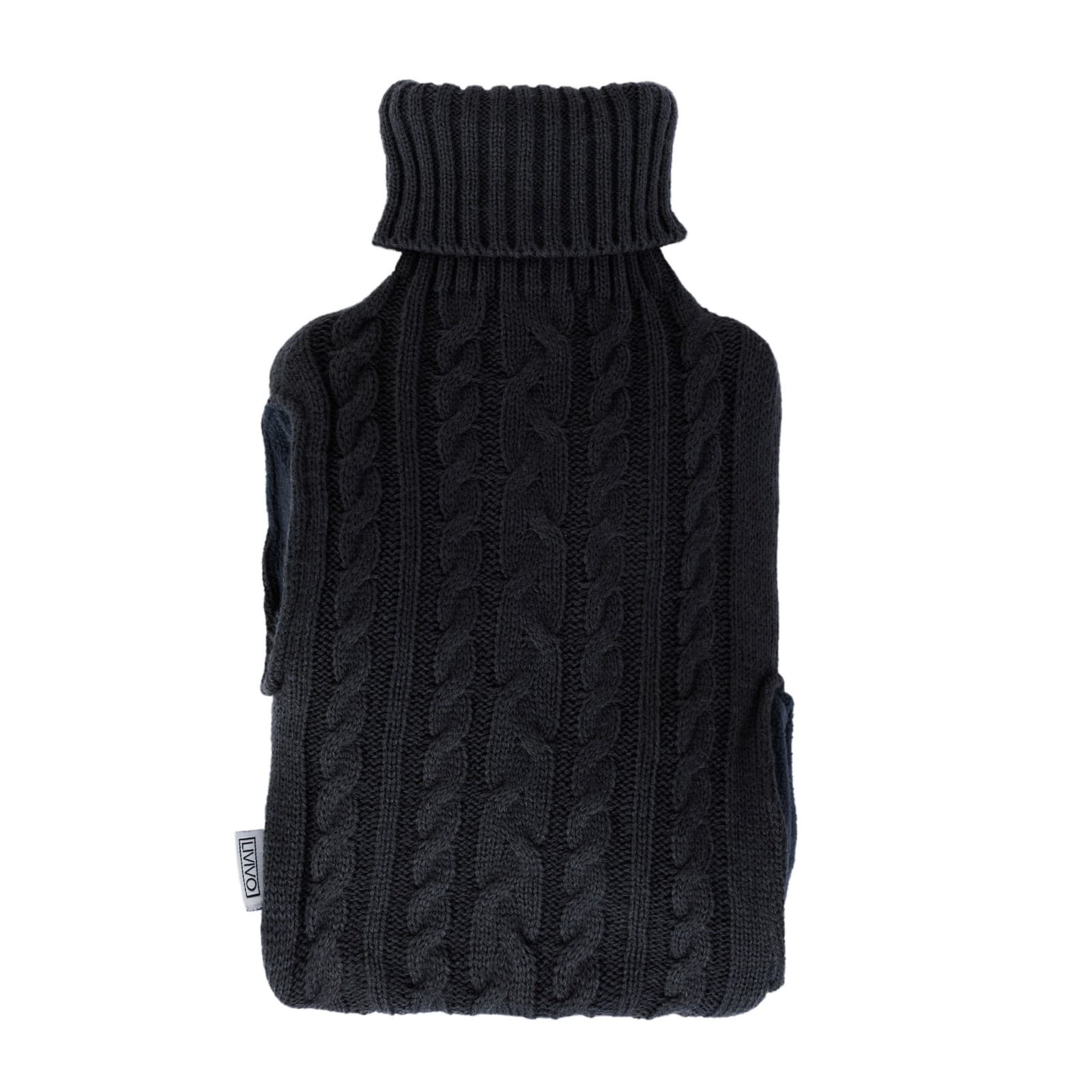 LIVIVO 2L Hot Water Bottle with Cover and Hand Pockets Black Knit Winter Warmer
