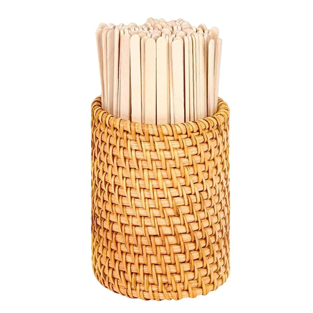 Natural Wooden Stirrer Set 100 pcs with Rattan Holder for Hot and Cold Drinks