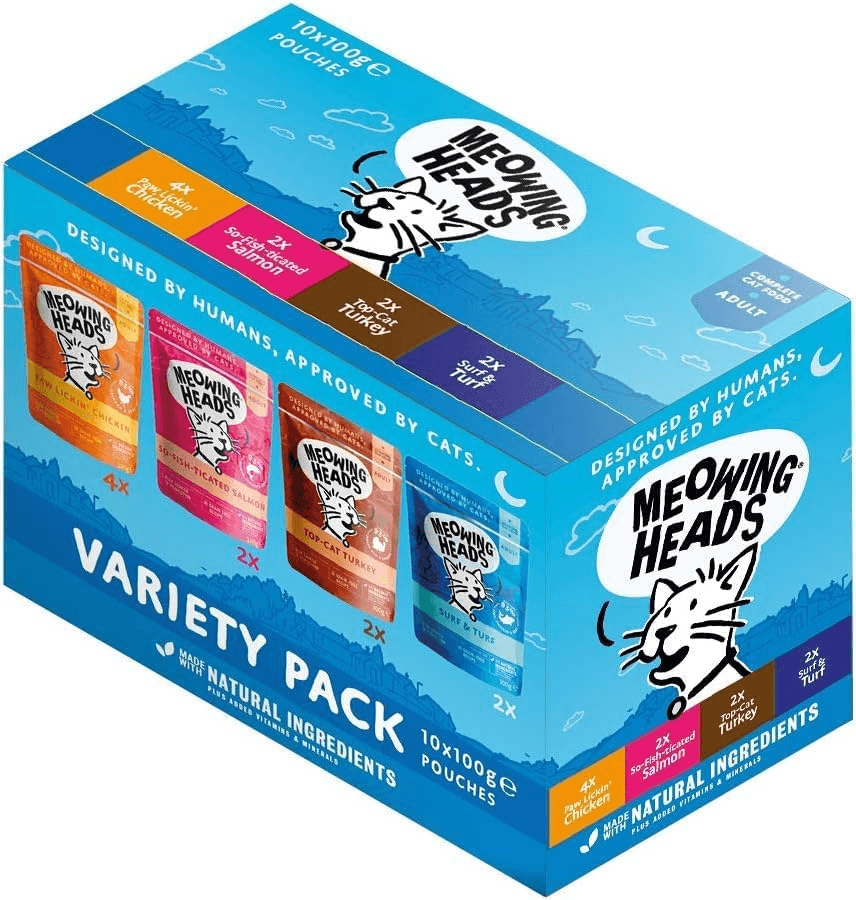 Meowing Heads Wet Cat Food - Variety Pack - 93% Natural Turkey| Chicken| Beef &