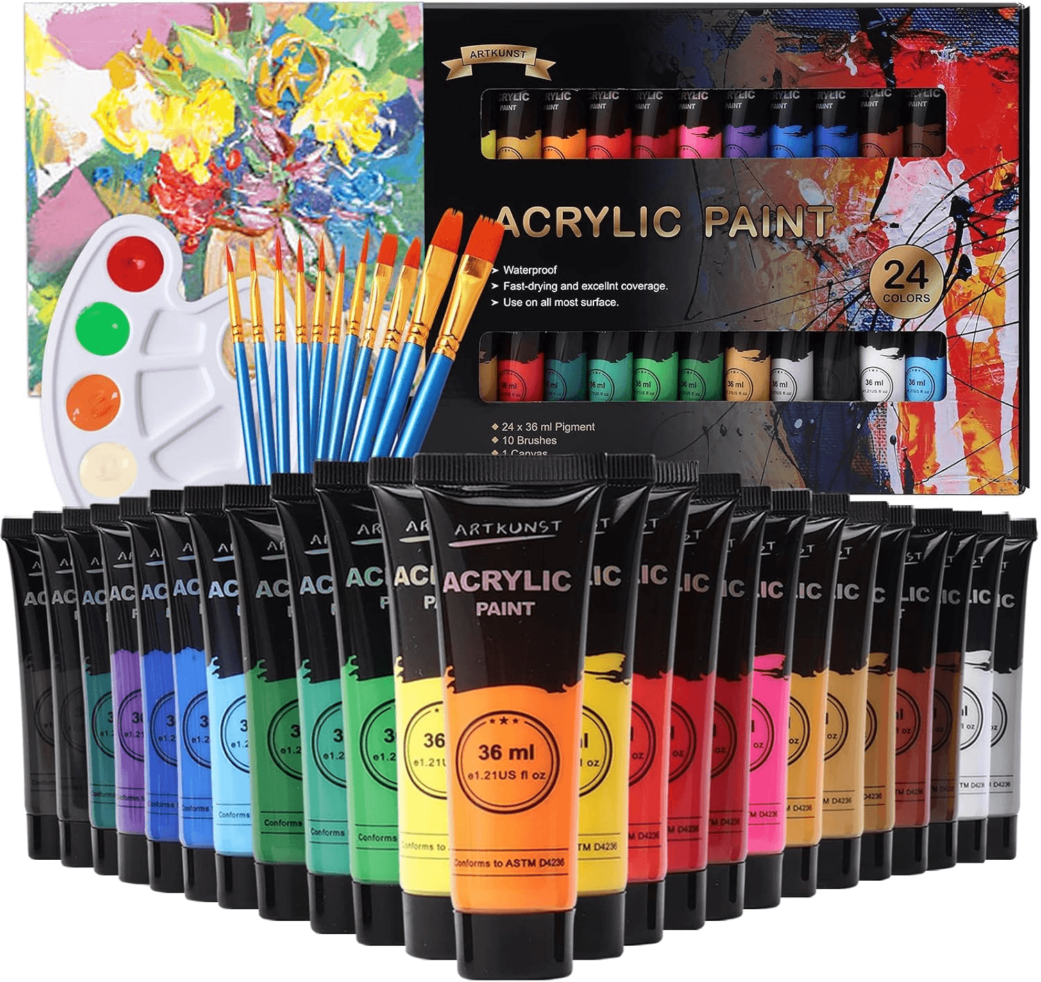 Acrylic Paint Set| 24 X 36 Ml Acrylic Paint Set with 10 Brushes for Canvas| Wood