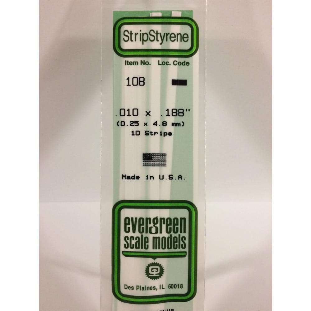 Evergreen 108 - 0.01\" x 0.188\" Polystyrene Strips 14\"/35cm 10pcs