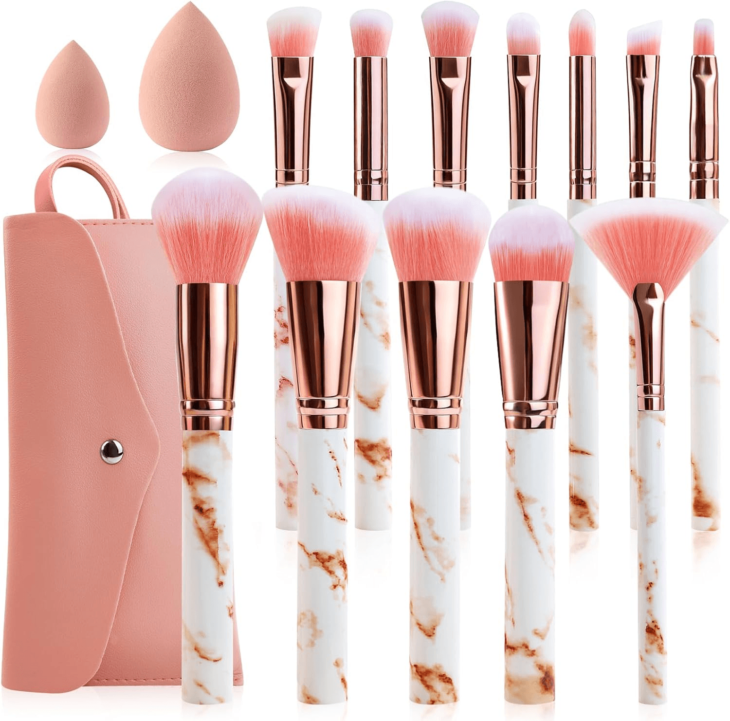 Marble Makeup Brushes Set 12 PCS with 2 Blending Sponges and Travel Pouch - Profes
