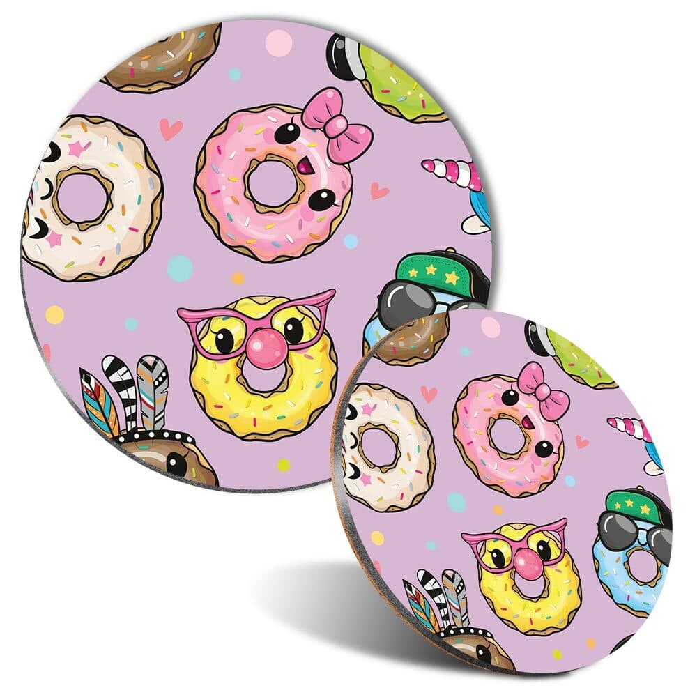 Mouse Mat and Coaster Set Funny Donut Purple Pink Kids Party #170567