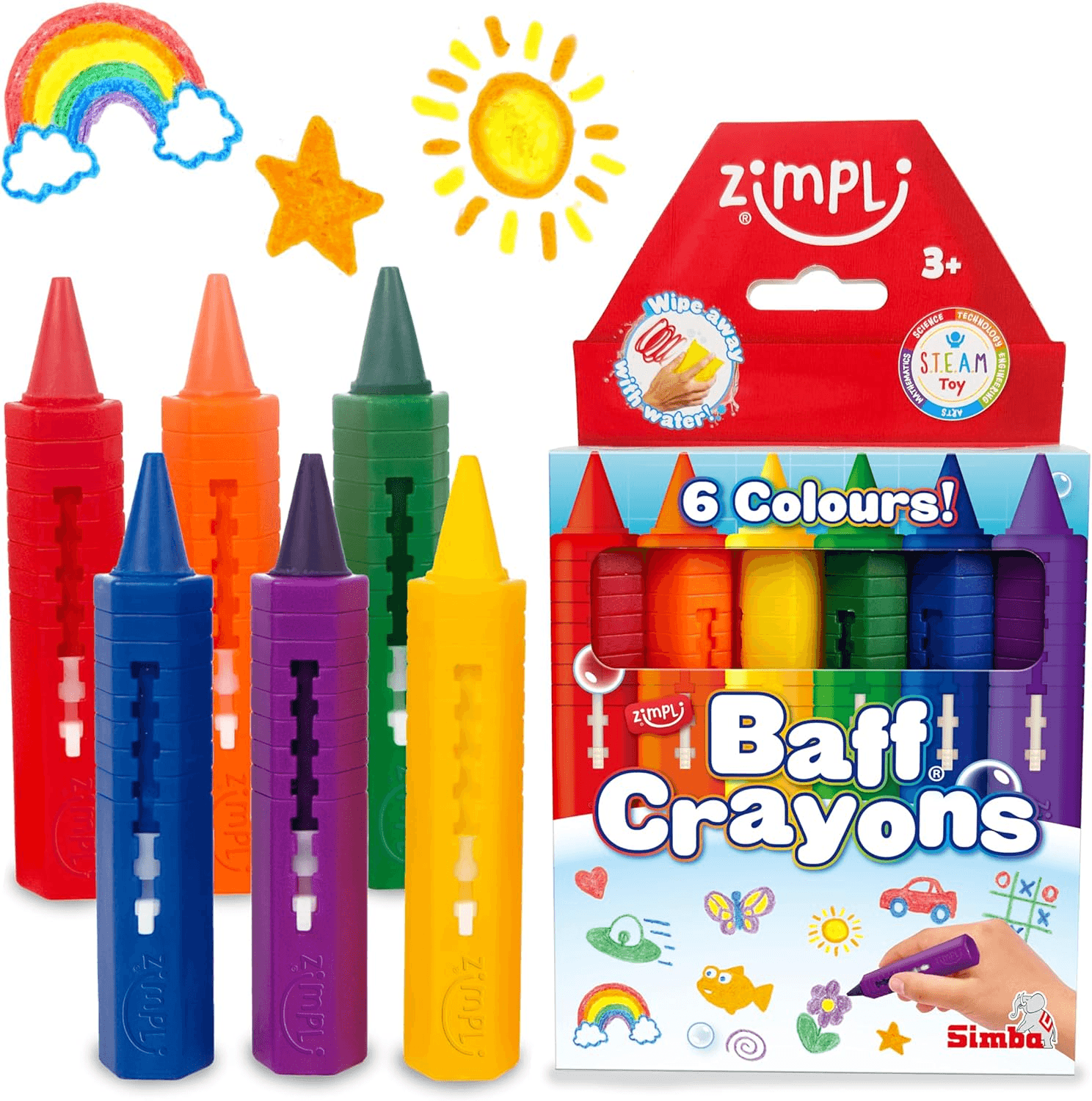 ZIMPLI - 6 Large Bath Crayons| Washable Colourful Kids Bath Pens| Creative Mess-