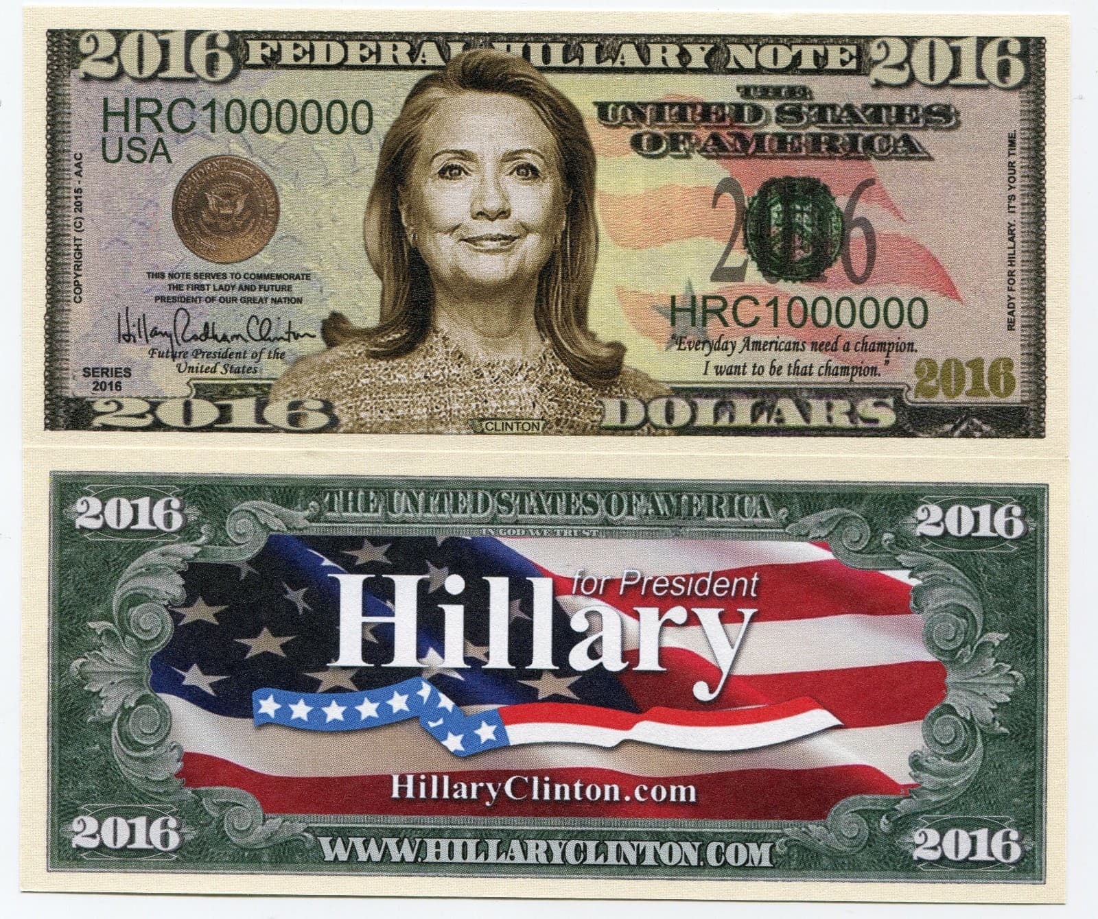 Hillary Clinton for President 2016 1 Million Dollars Colored Novelty Bill