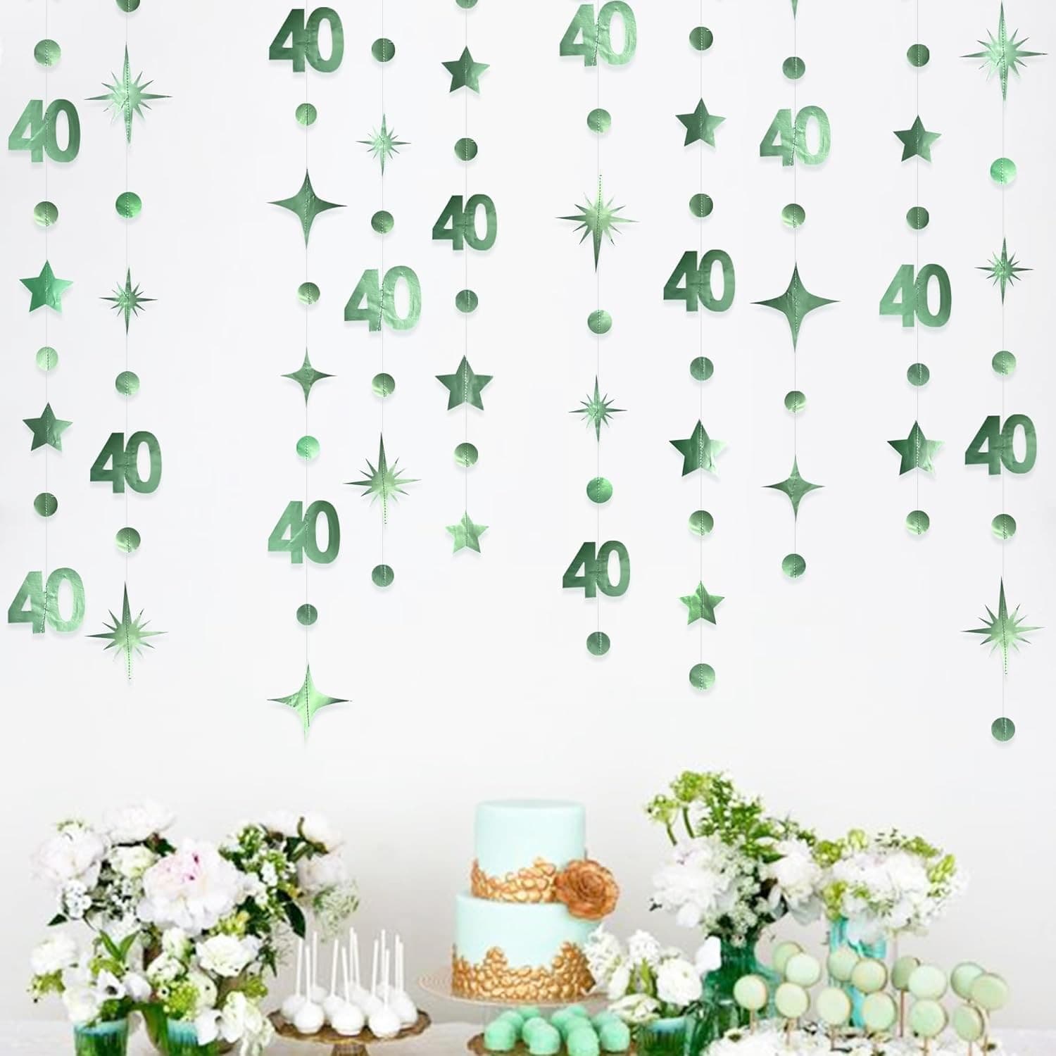 Sage Green 40th Birthday Decorations Number 40 Circle Dot Twinkle Star Garland