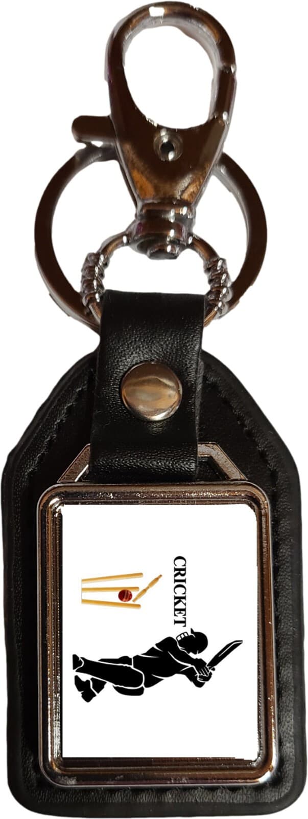 Cricket Stumps Sport Black PU Leather Square Key Fob And Velvet Gift Bag