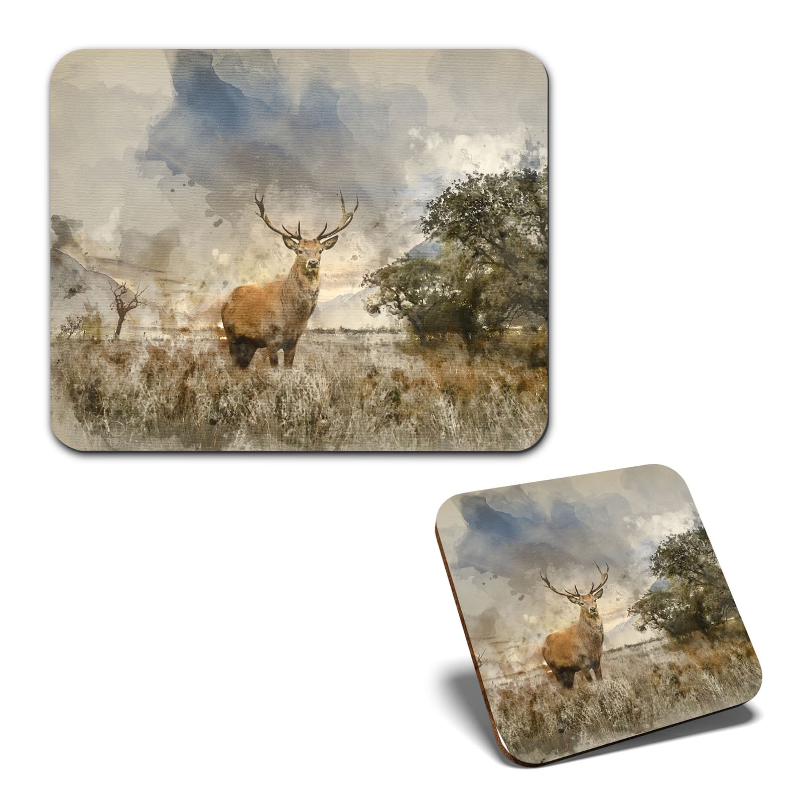 1 Mouse Mat and 1 Square Coaster Watercolour Red Deer Stag Art #52420