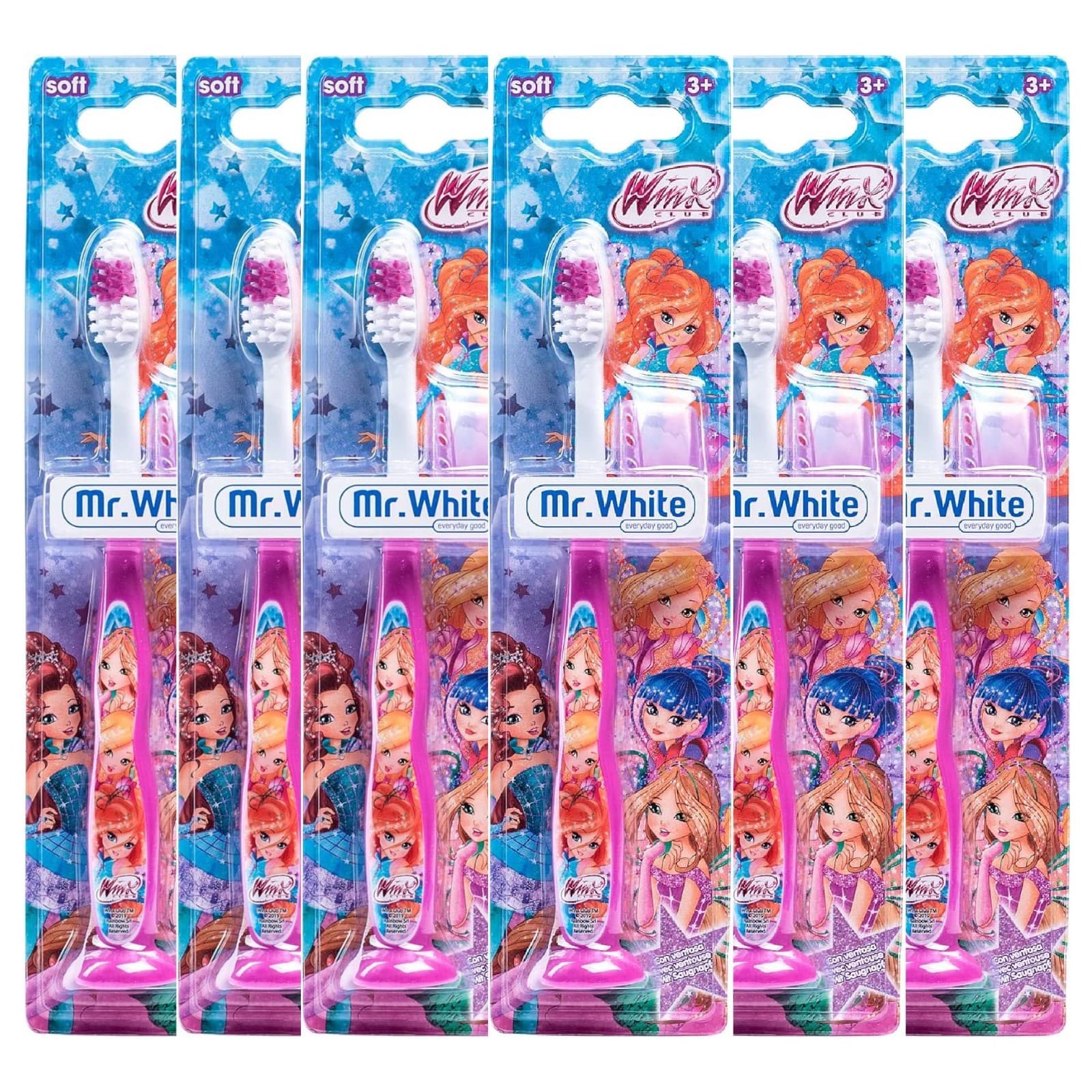 Mr. White Winx Toothbrush for Kids with Travel Cap | Pack of 6 | Ages 3+