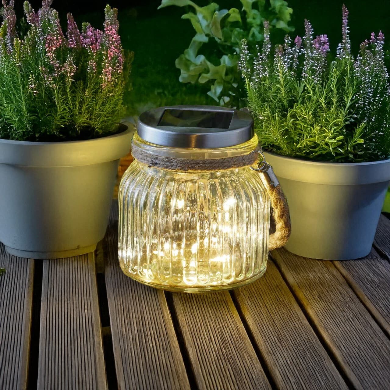 Solar Hanging Lantern LED Glass Jar Garden Light Firefly Effect Rope 18cm