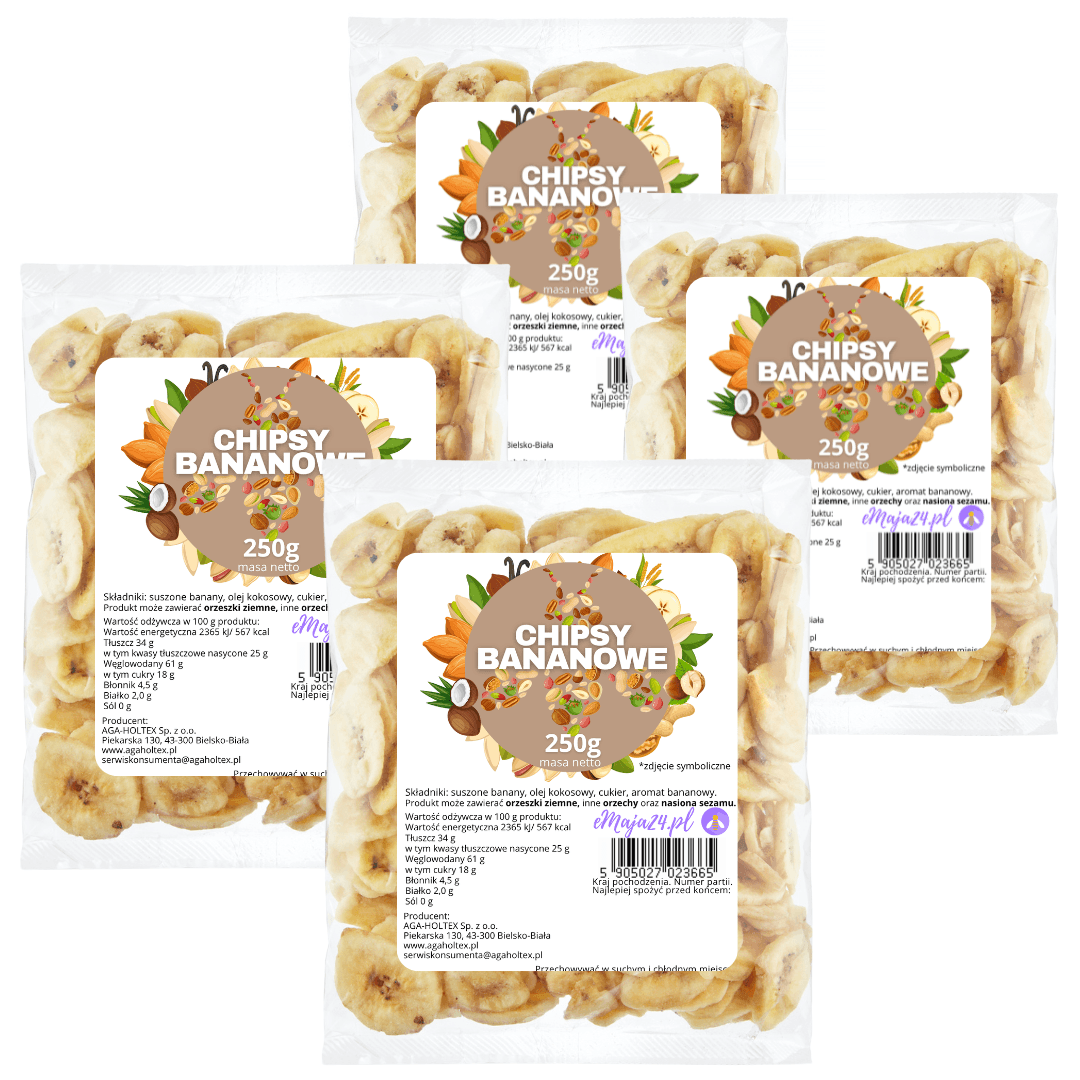 eMAJA24 Chipsy bananowe 1 kg (250 g x 4 sztuki) ZESTAWY