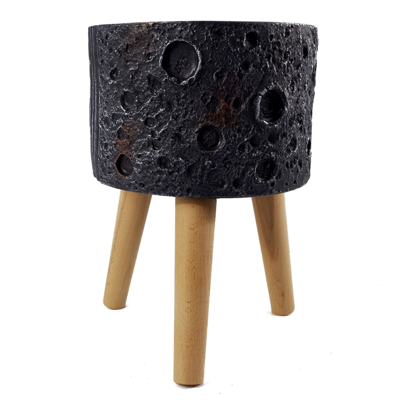 Planter Large Lunar Black Fibreglass Composite Rustic 35cm x 24cm with Wood Legs