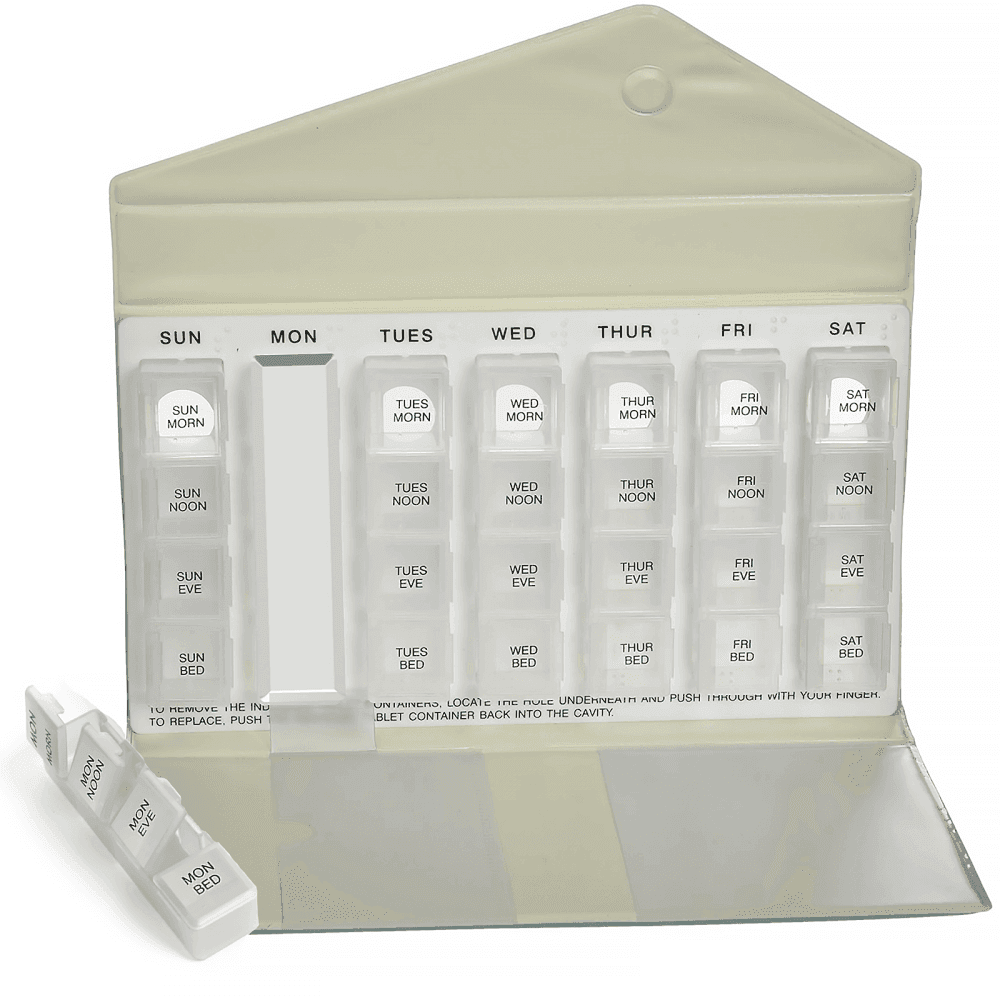 Week Day Pill Dispenser 4 Daily Compartments Carry Case and Medication Notes