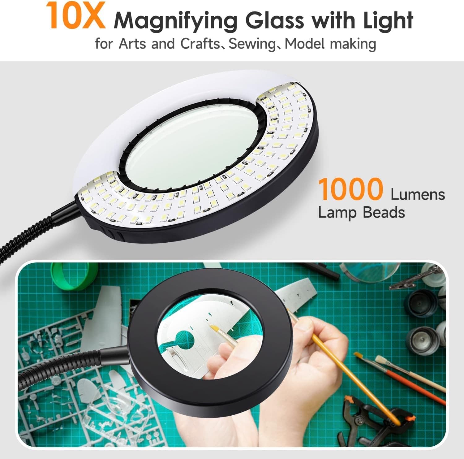 Magnifying Glass with Light 10X Magnifying Lamp| 9W*48 LED for Craft Hobbies| 3 view 2