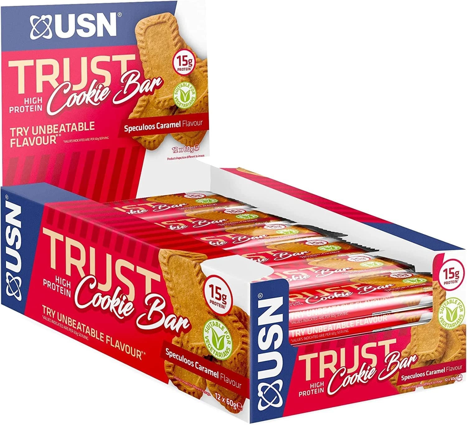 USN Trust Cookie Caramel Bar 12x60g Crunch Wheat Hydrolysed Protein BBe 01/2026