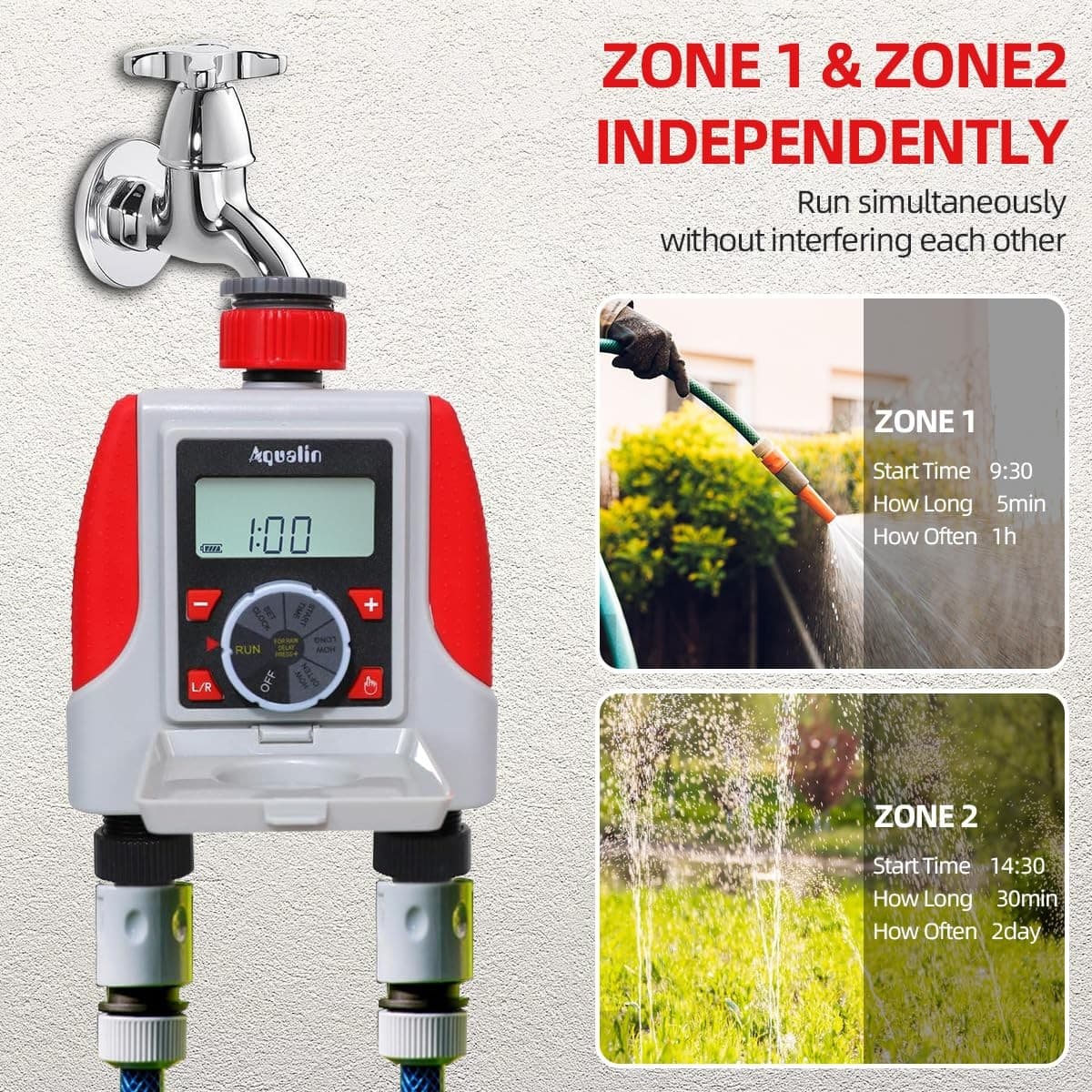 Water Sprinkler Timer Two Outlets Hose Tap Garden outlets| Red view 2