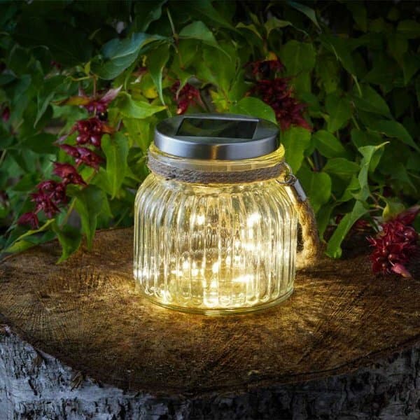 Firefly Solar Powered Vintage Rope Handle Glass Jar Garden Light Table