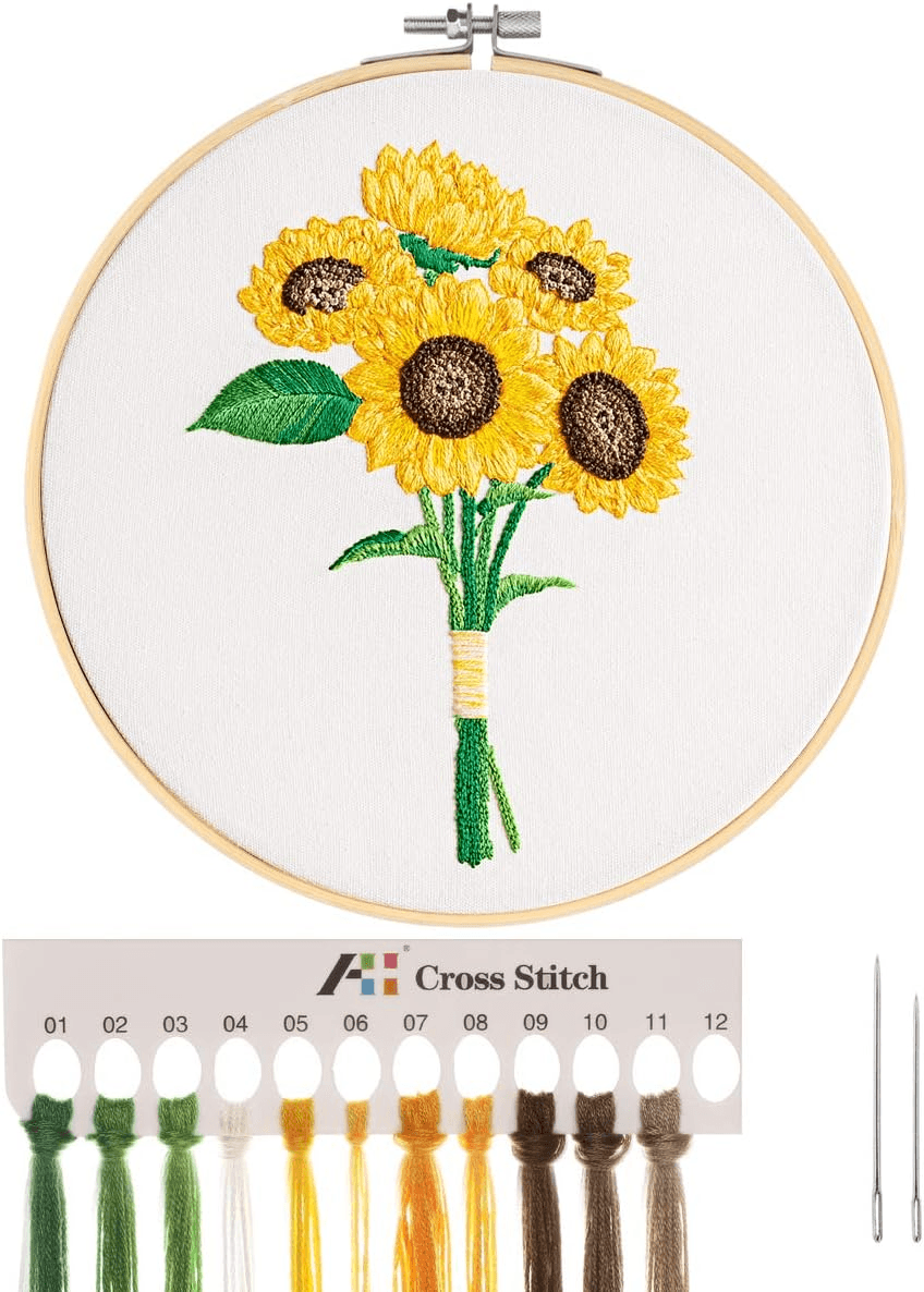 3D Cross Stitch Stamped Embroidery Starter Kit,Easy Embroidery with Sunflower Bo
