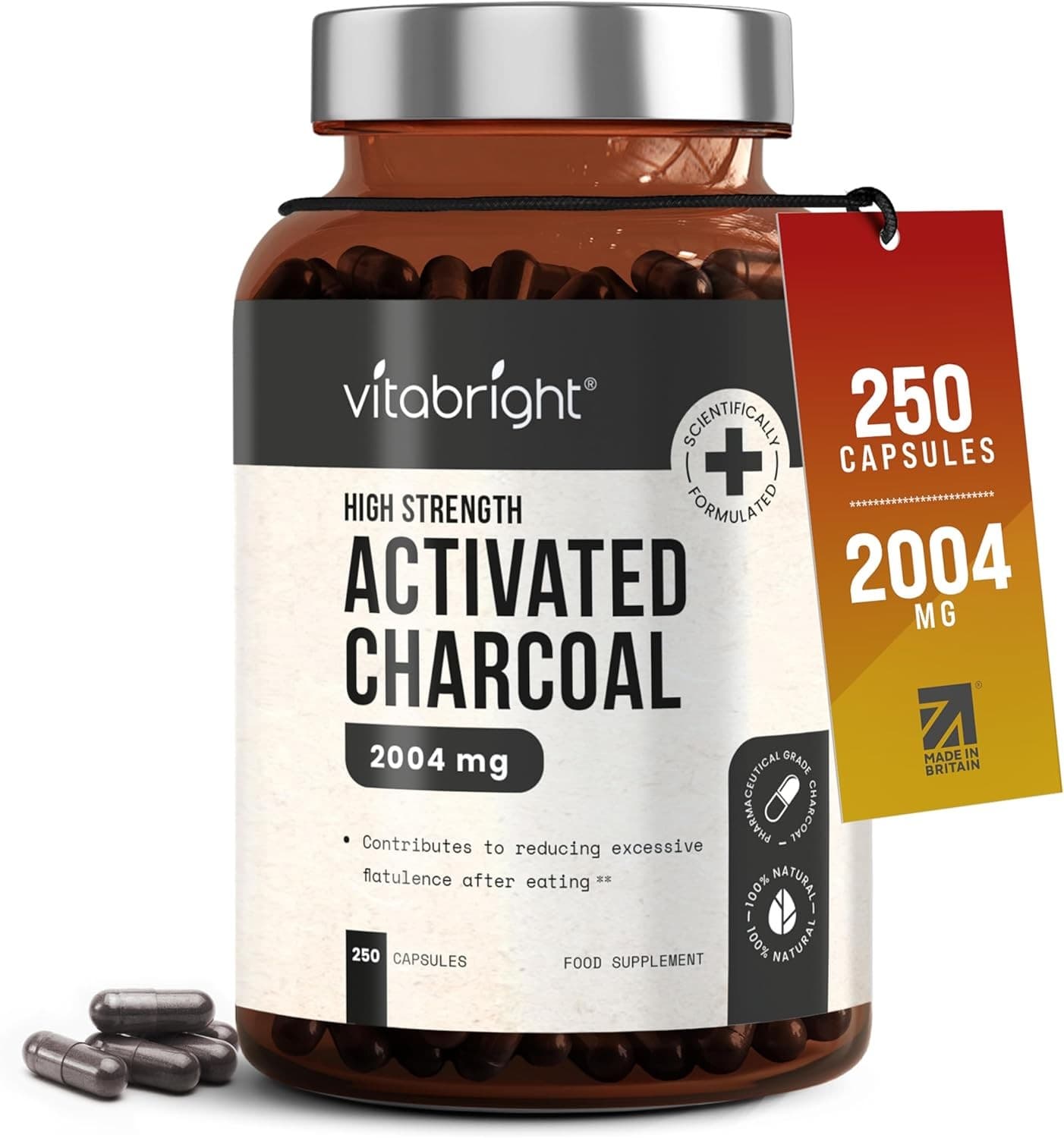 VitaBright Activated Charcoal Tablets 2004mg for Stomach Wind Relief - 250 Capsu