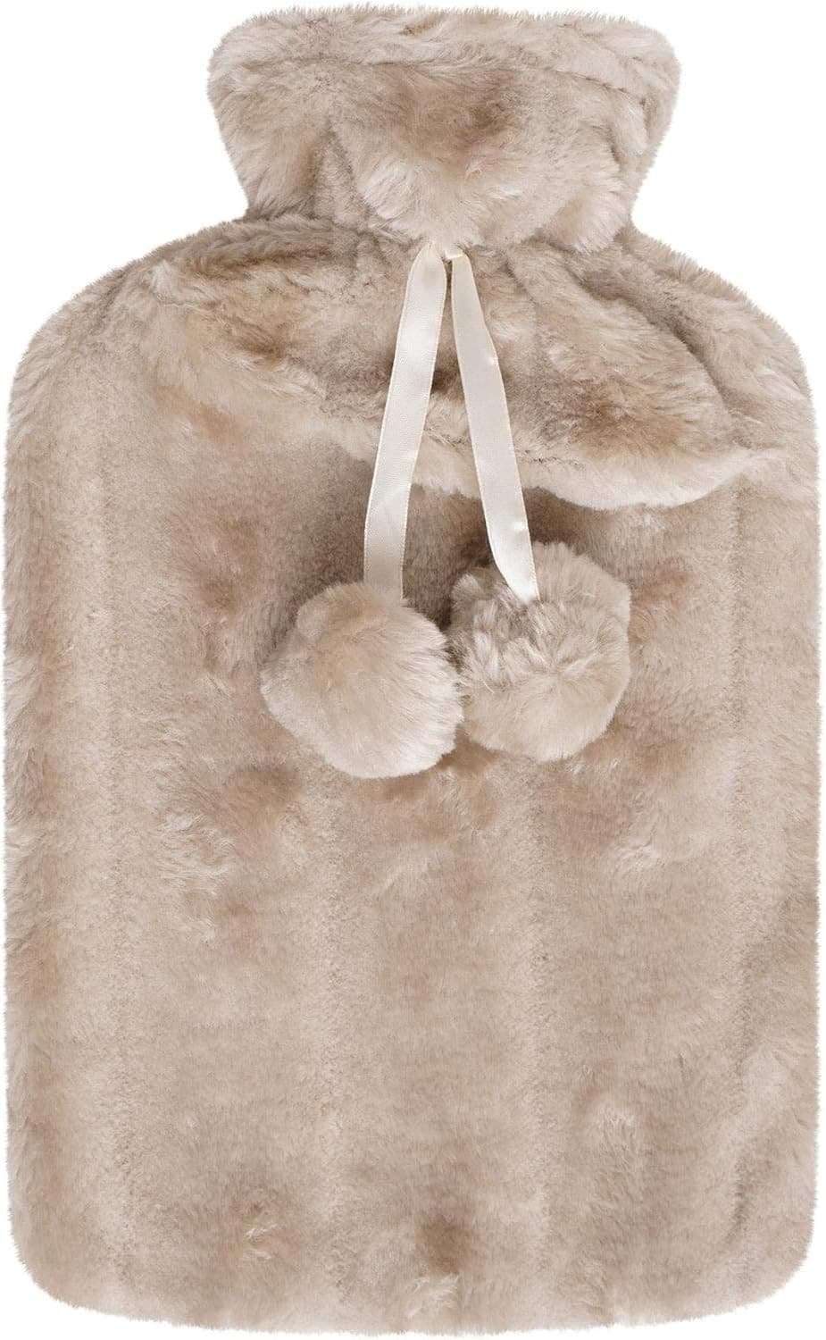 K-Collection Grey Beige Soft Plush Velour PomPom Large 2L Hot Water Bottle HW181
