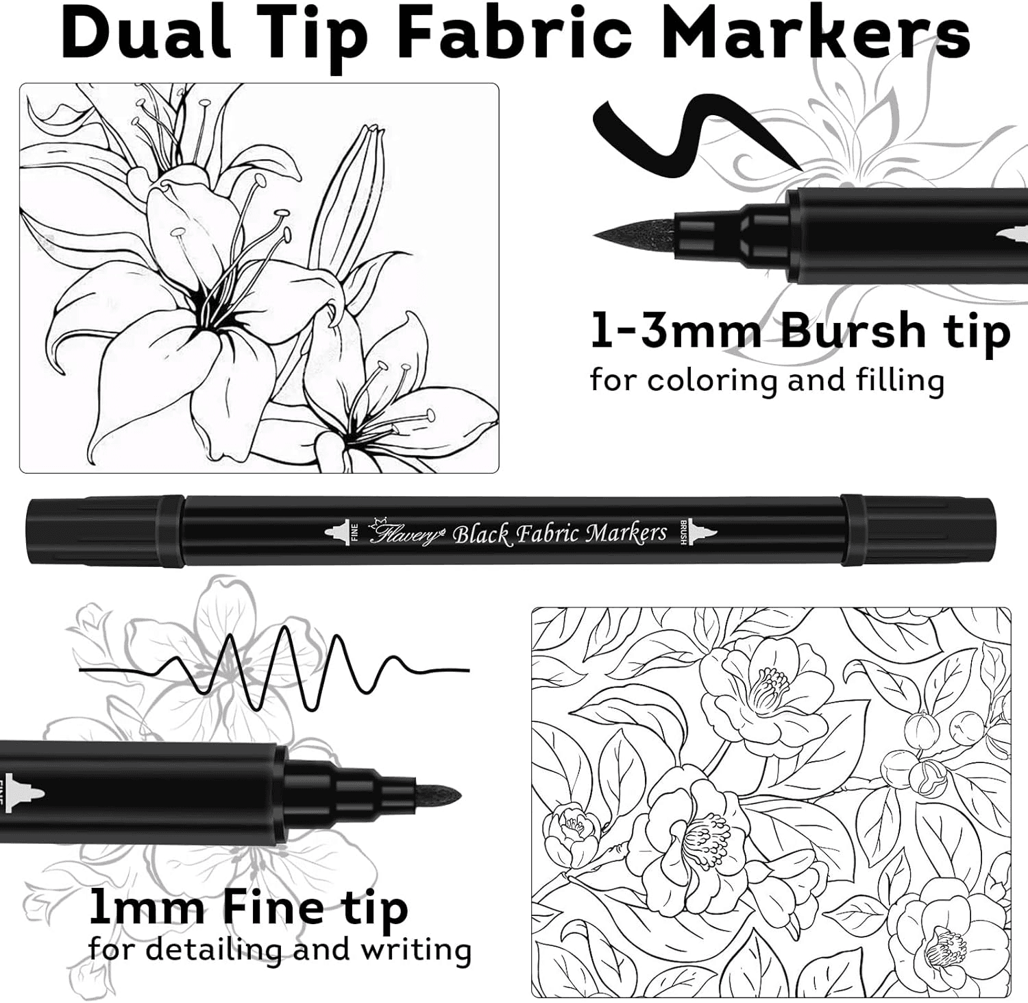 6 Black Fabric Marker-Dual Tip Fabric Pens,Fabric Markers Pens Set Washable Resi view 2