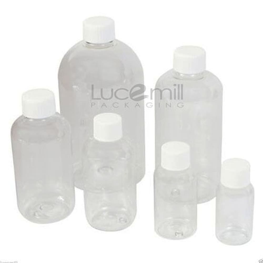 Clear PET BOSTON Round Plastic Bottles **Choose (WHITE) Cap Type and Bottle Size**