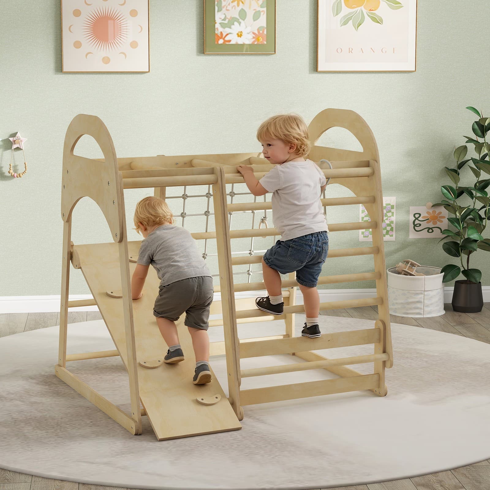 6 in 1 Kids Climbing Frame| Wooden Jungle Gym with Slide| Monkey Bars for 3-6