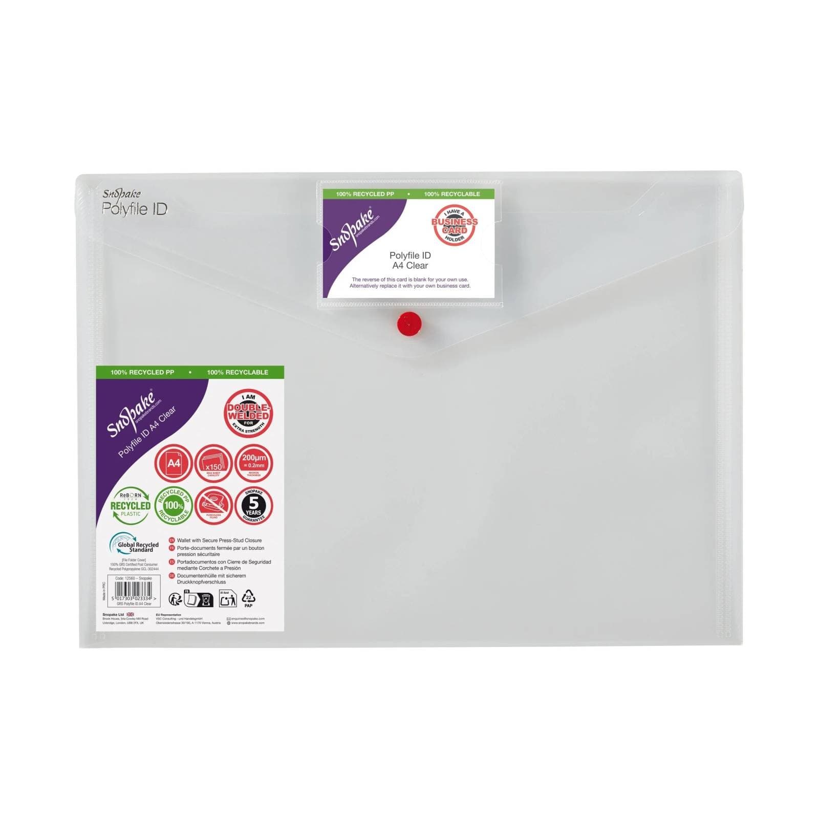 Snopake Polyfile ID A4 Wallet Clear Pack of 5 (12560)