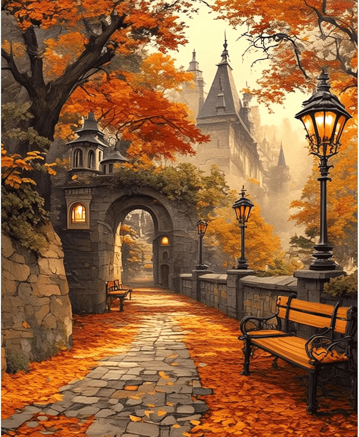 Autumn Leaf Scenery Paint by Numbers for Adults,Ancient Castle Painting by Numbe