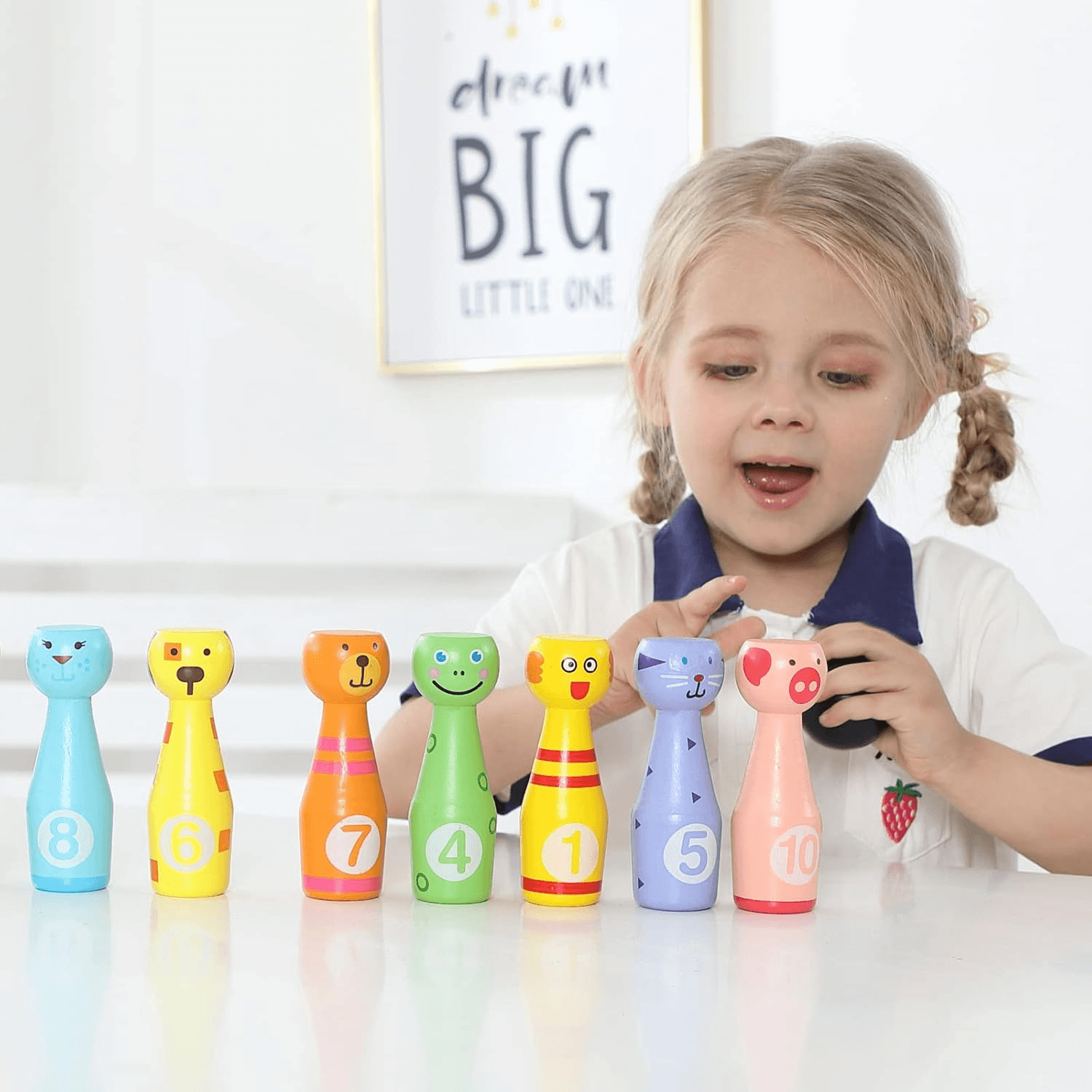 Wooden Bowling Set Skittles Toys with 10 Animal Pins 2 Balls Educational Toy Gif view 2