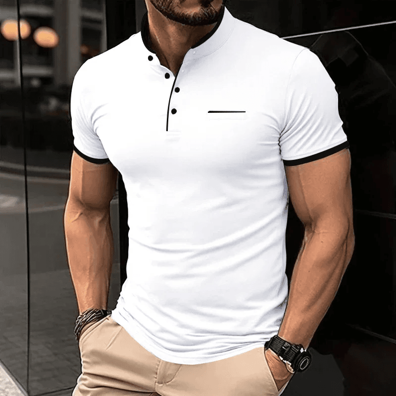 2025 New Men'S Casual and Fashionable Solid Color Short Sleeved Stand up Collar