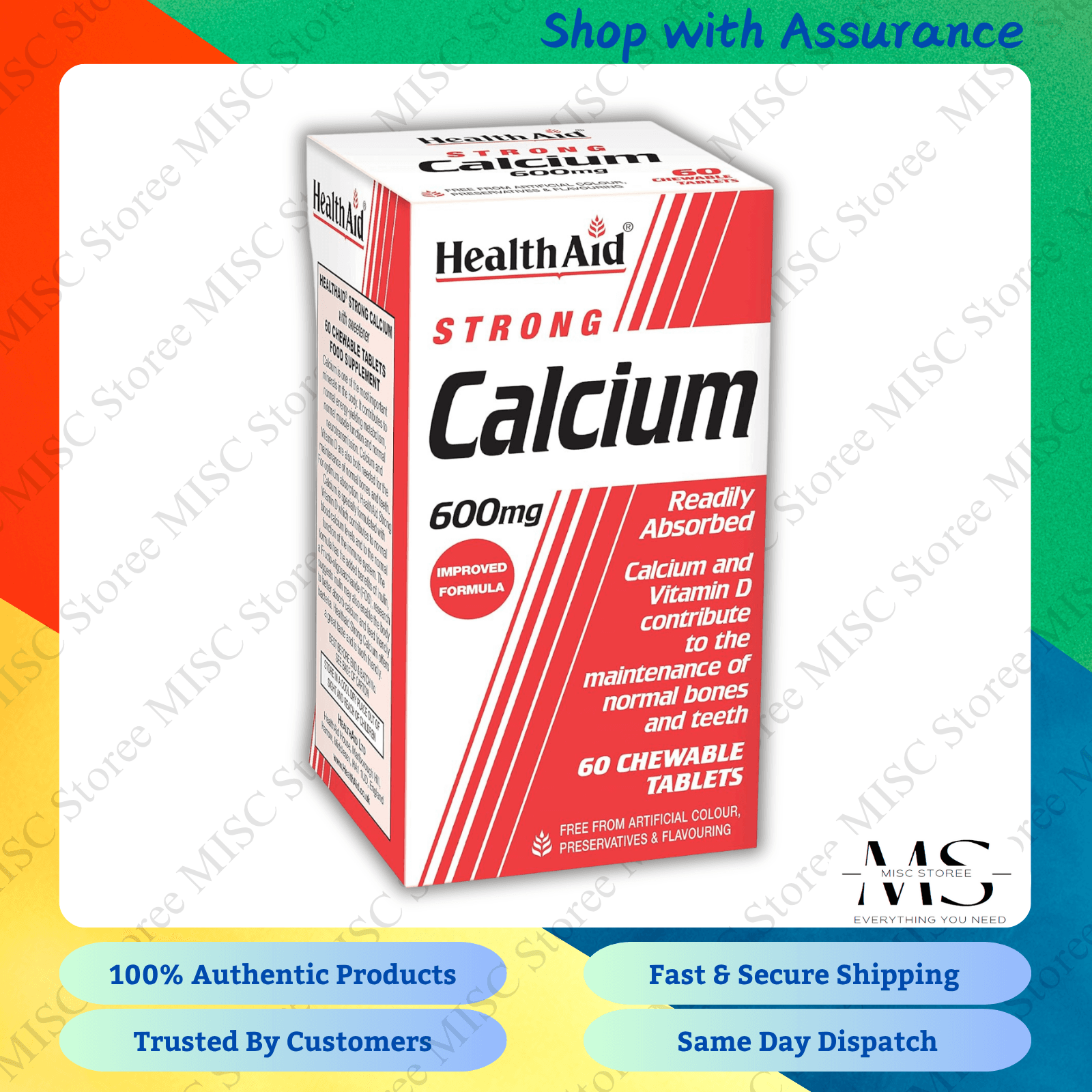 HealthAid Calcium 600mg - Chewable - 60 Tablets - Brand New
