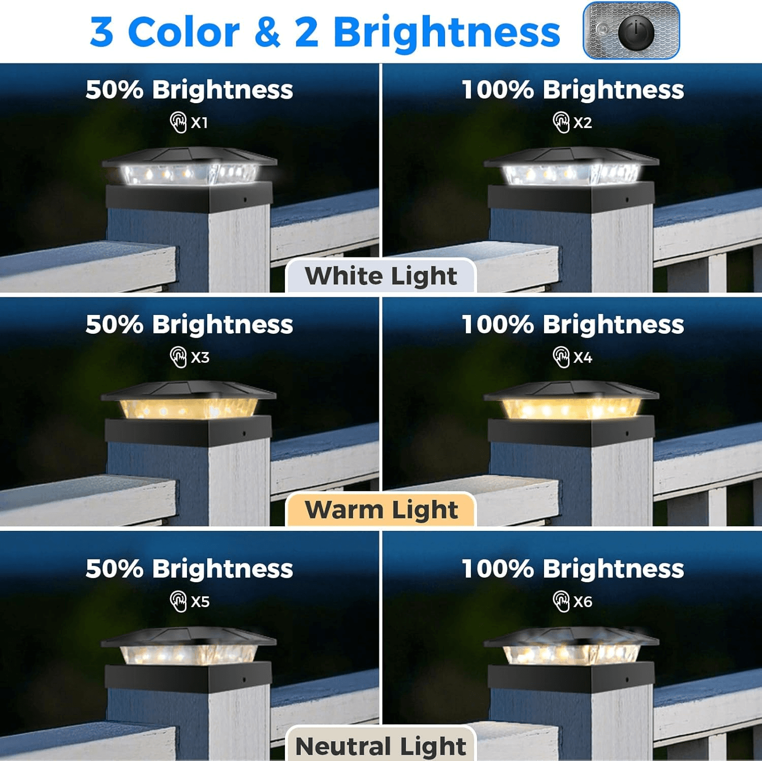 Solar Post Lights with 3 Modes| Dimmable Solar Powered Post Cap Lamp| Waterproof view 2
