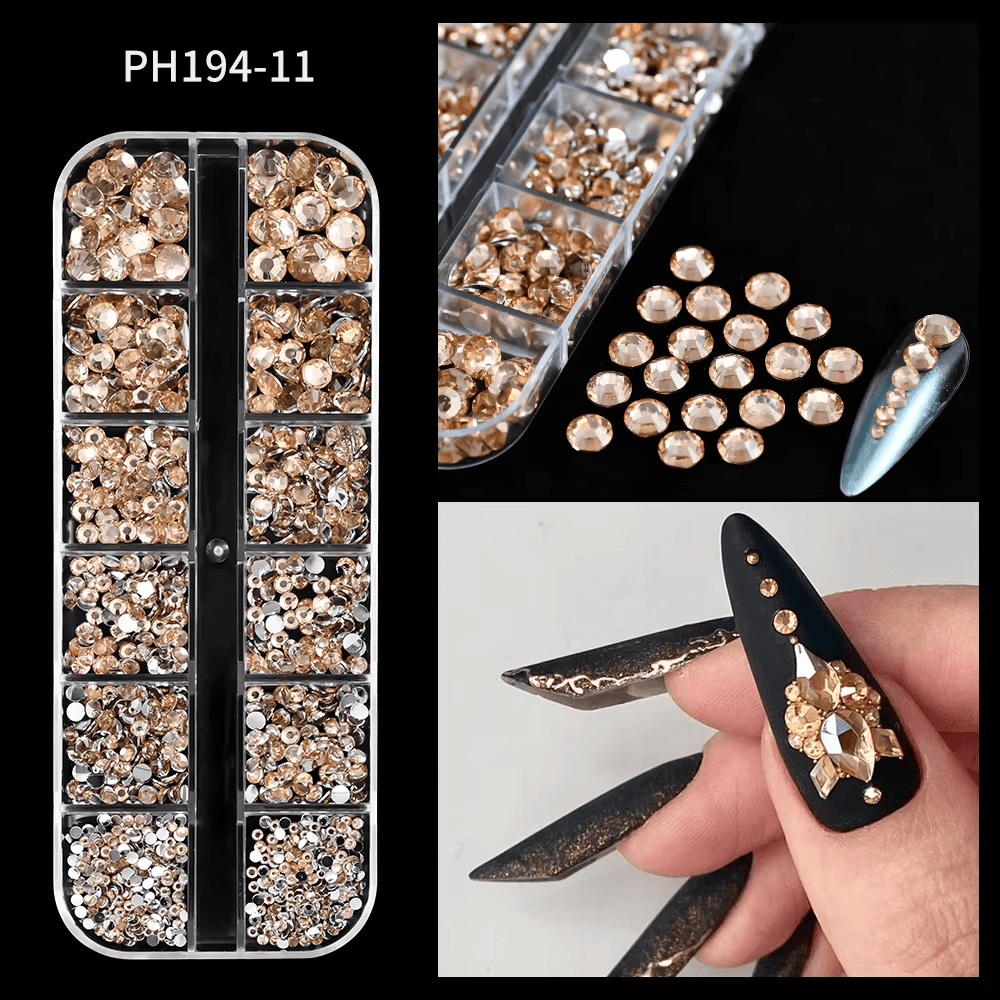 12Grids SS6-SS30 Mixed Nail Rhinestones Shiny Clear/Gold/Pink/Blue Diamond Flat-