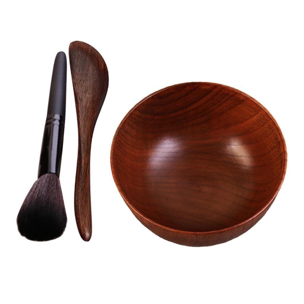 Set of 3 DIY Wooden Face Mask Bowl Kit with Brush Spatula Compact Brown