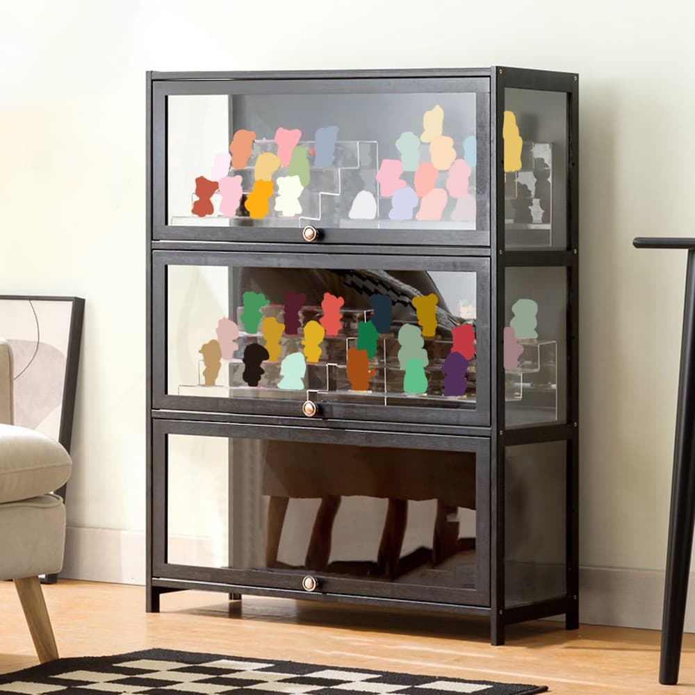 3-Tiers Black Bamboo Clear Acrylic Display Case Figurine Models Storage Cabinet