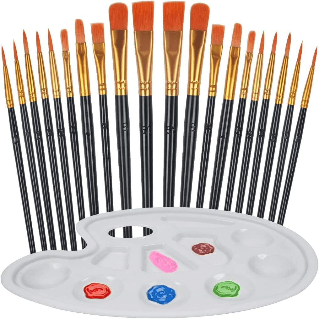 Paint Brush Set| 20 Pcs Nylon Hair Paint Brushes with a Palette| Artists Paint B