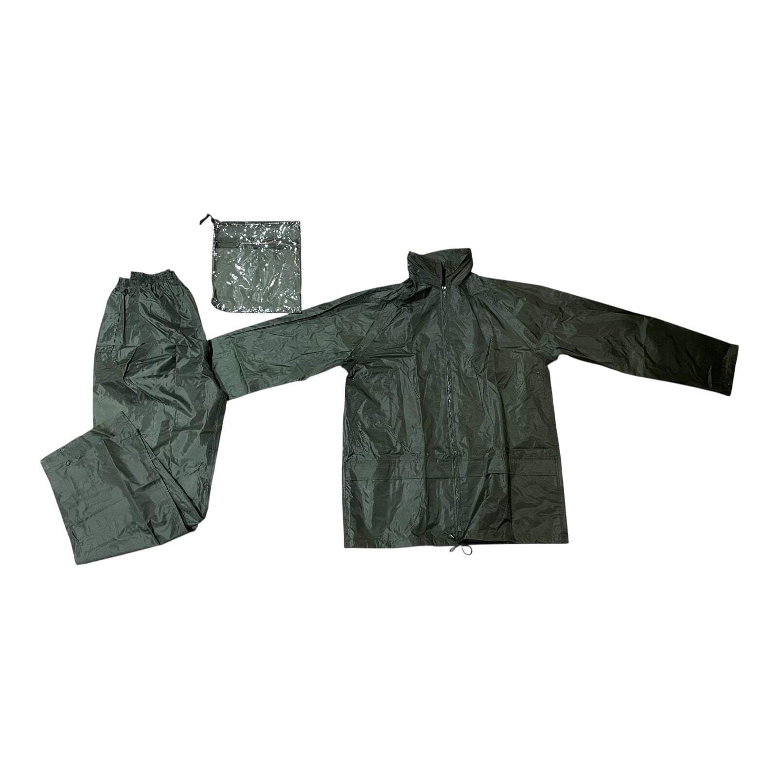 waterproof men's rainsuit coverall trouser jacket set green XL zip storage bag