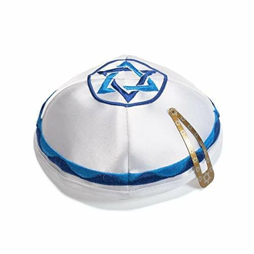 White Satin Star of David and Blue Color Kippah Yarmulke Jewish Yamaka Kippa
