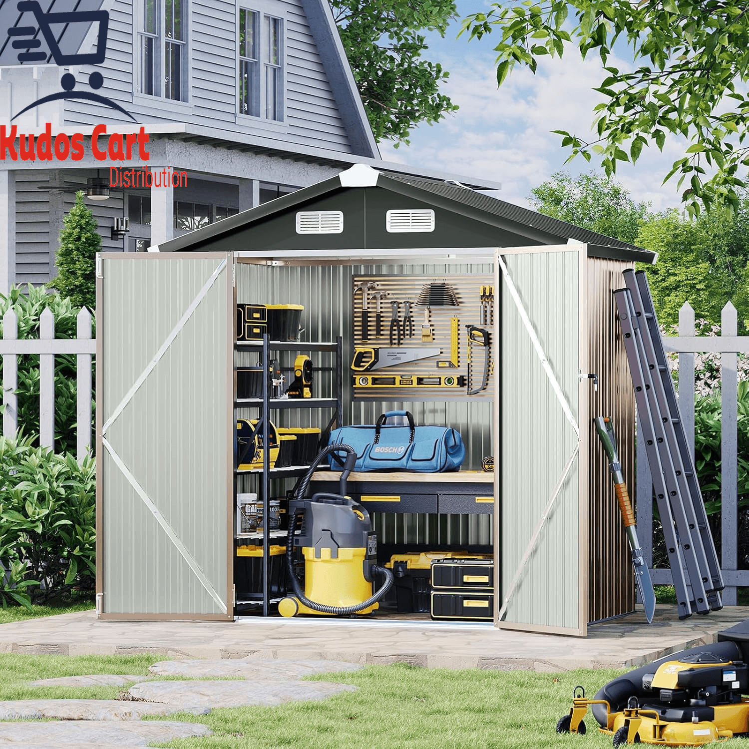Metal 6x4FT Outdoor Storage Shed Garden Tool Sloping Roof Lockable Door Black