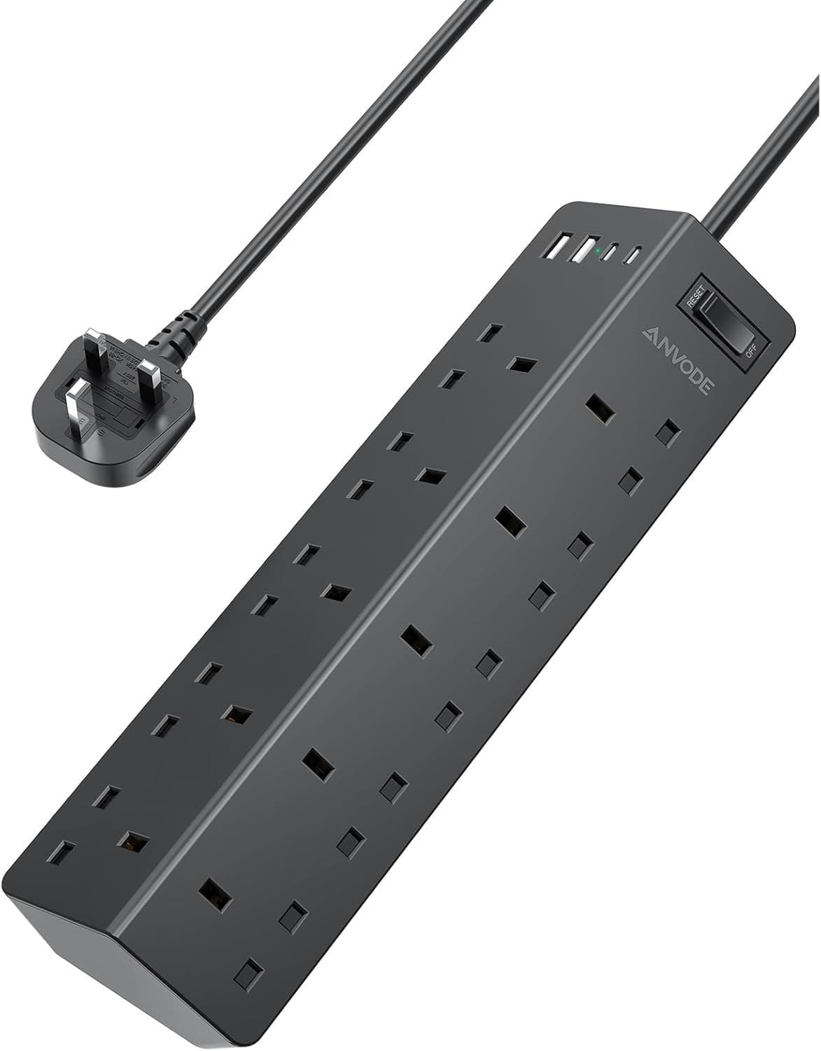 10 Way Extension Lead with USB Slots(2 USB C)| ANVODE 14-IN-1 Plug Extension So