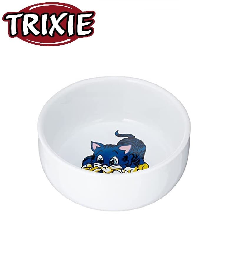 TRIXIE CERAMIC WHITE CAT KITTEN BOWL WITH COMIC CAT DESIGN FOOD WATER BOWL 300ML