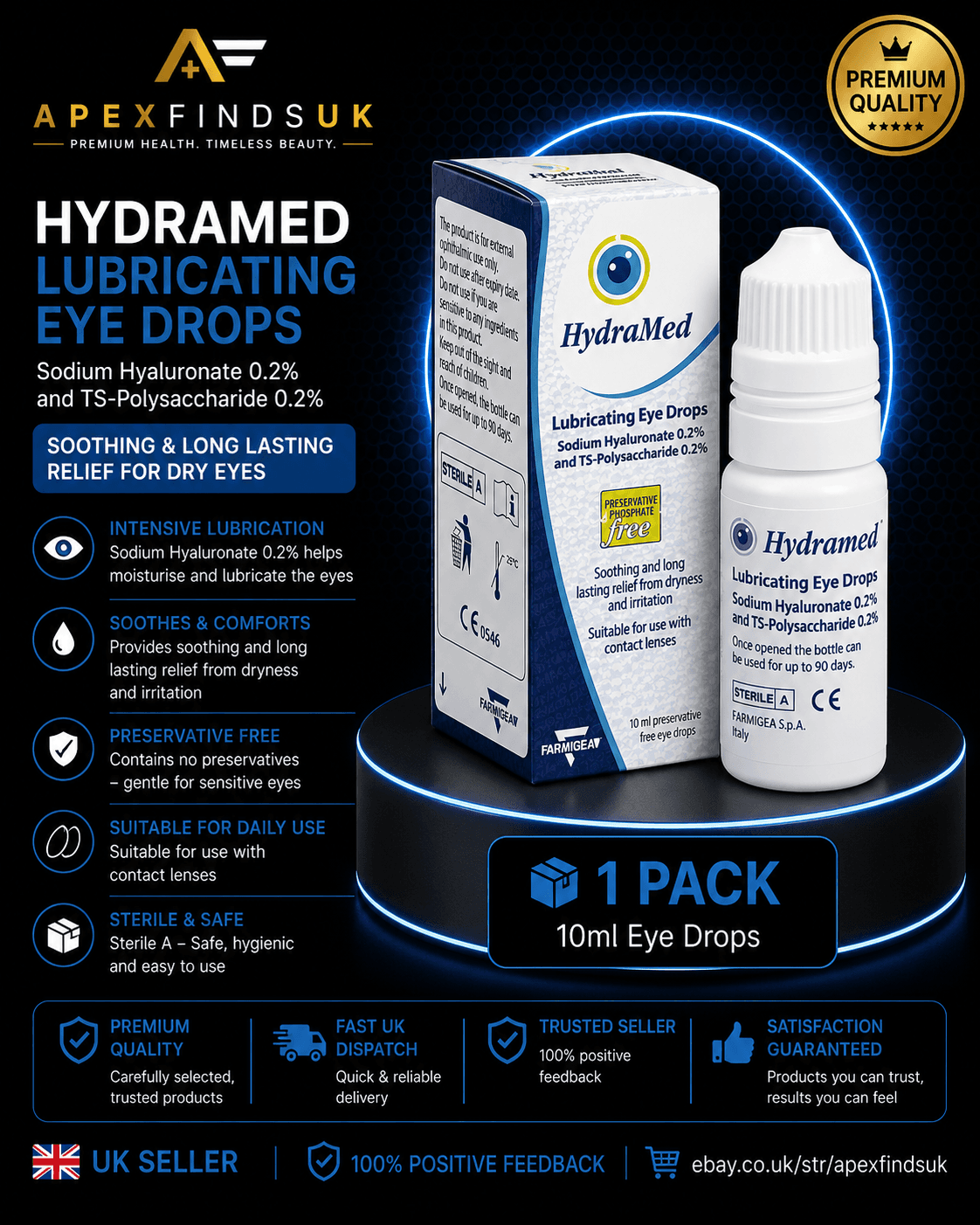 HydraMed Lubricating Eye Drops 10ml Dry Eye Relief Sodium Hyaluronate