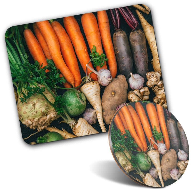 1 Mouse Mat and 1 Round Coaster Root Vegtables Crops Farm Healthy Food #51936
