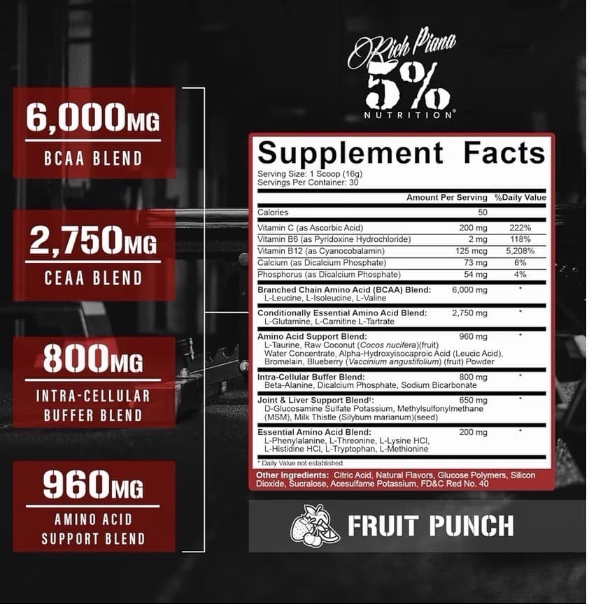 5% Nutrition Rich Piana AllDayYouMay BCAA Powder 30 Servings 480g Fruit Punch view 2