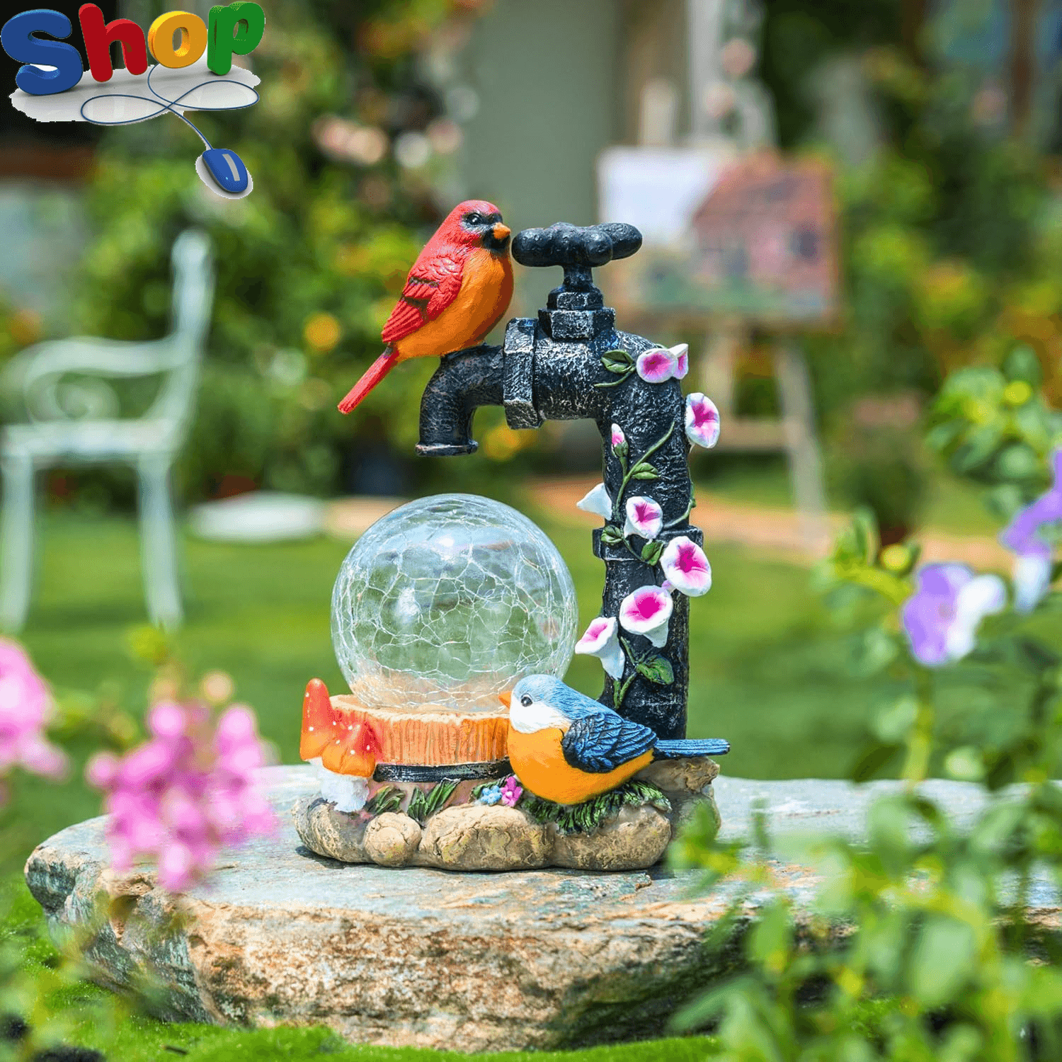 Garden Ornaments Outdoor| Red Robin Bird on Faucet with Crackle Glass Ball| Wate view 2