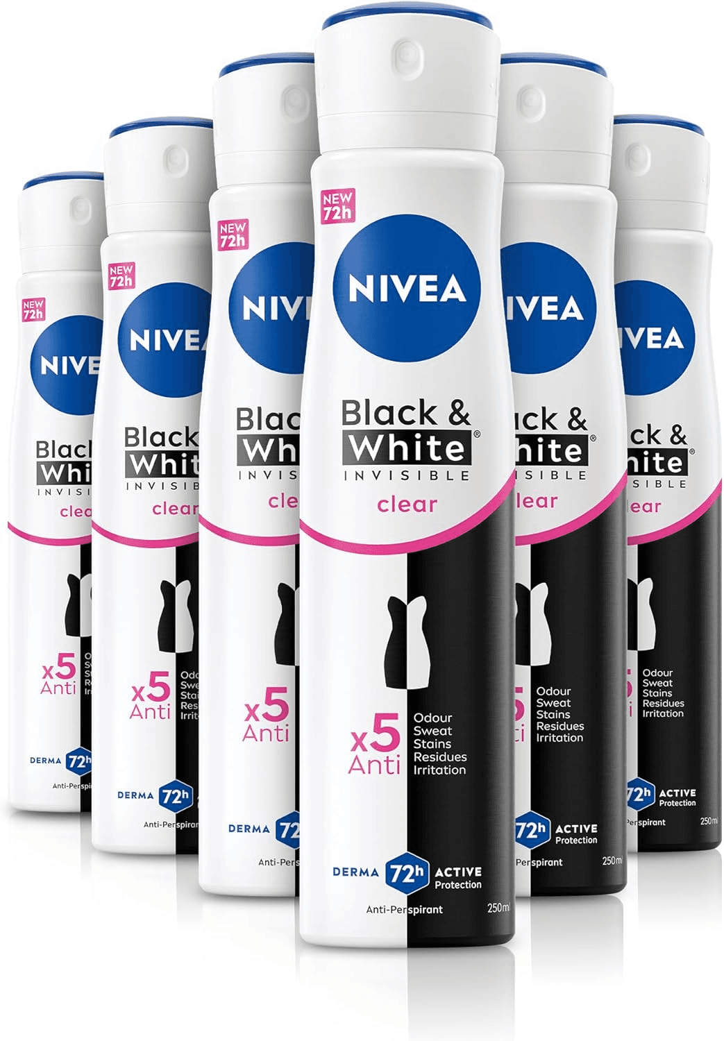 NIVEA Black and White Invisible Anti-Perspirant Spray Pack of 6 (6 X 250Ml)| 72Hr