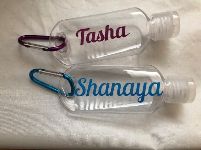PERSONALISED  SANITISER BOTTLE 50ML/  REFILLABLE MINI CLIP ON BACK TO SCHOOL