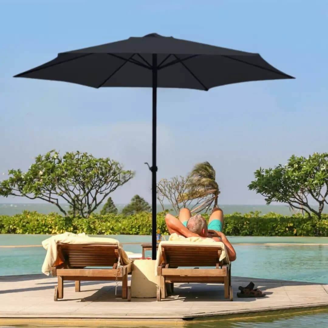 2.7m Garden Parasol Umbrella Balck Wind Up Patio Sun Protector Canopy Shelter